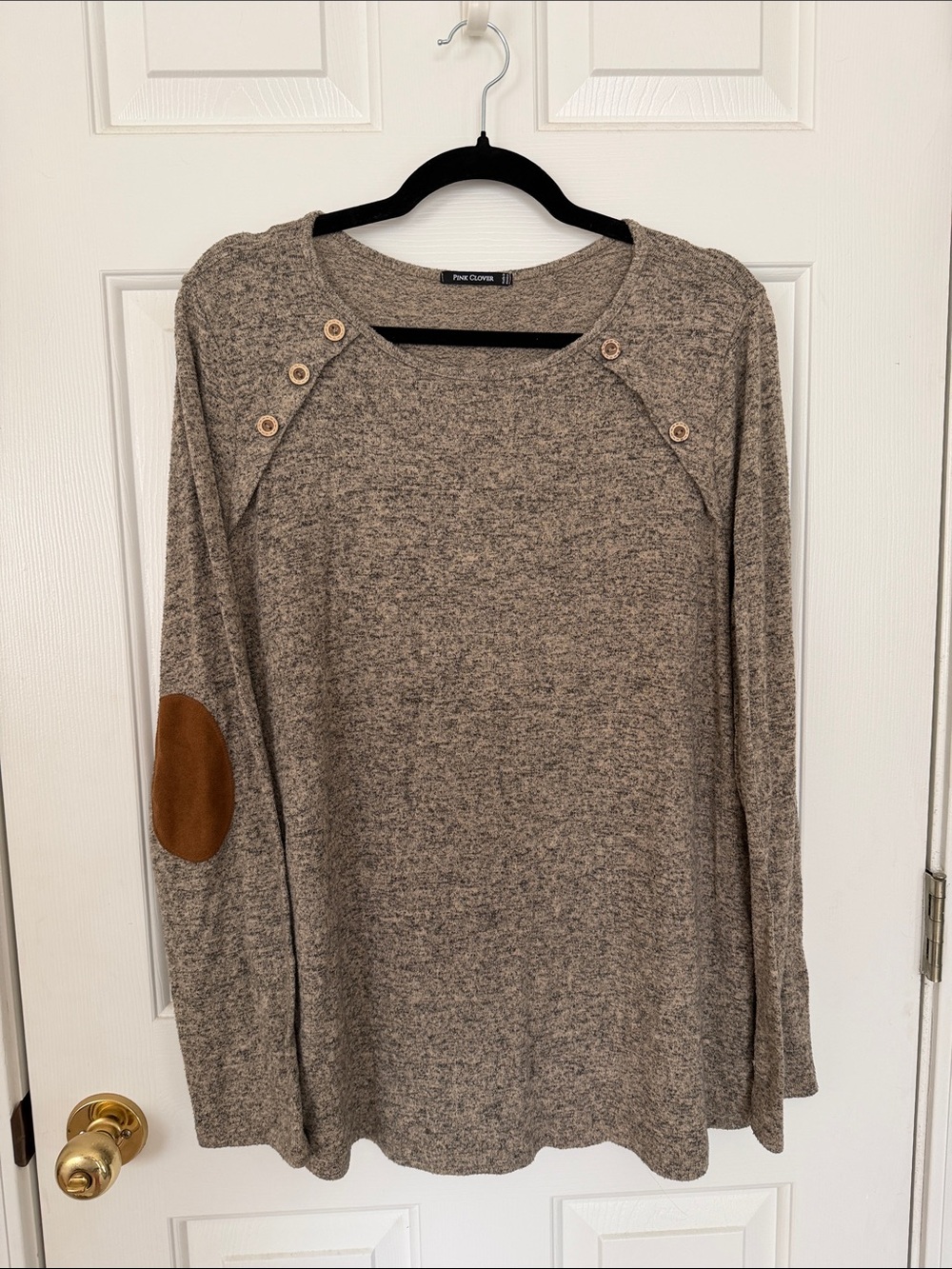 Pink Clover Heather Taupe Button-Shoulder Long Sleeve Top with Tan Elbow Patches